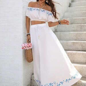 Blue And White Boho Women's Woven Print Midriff-Baring Top And Flowy Hem  Dress